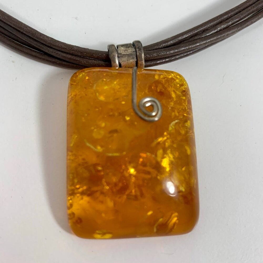 Amber Resin Pendant Necklace With Multi-Strand Brown Cord & Swirl Wire Accent - Picture 2 of 4
